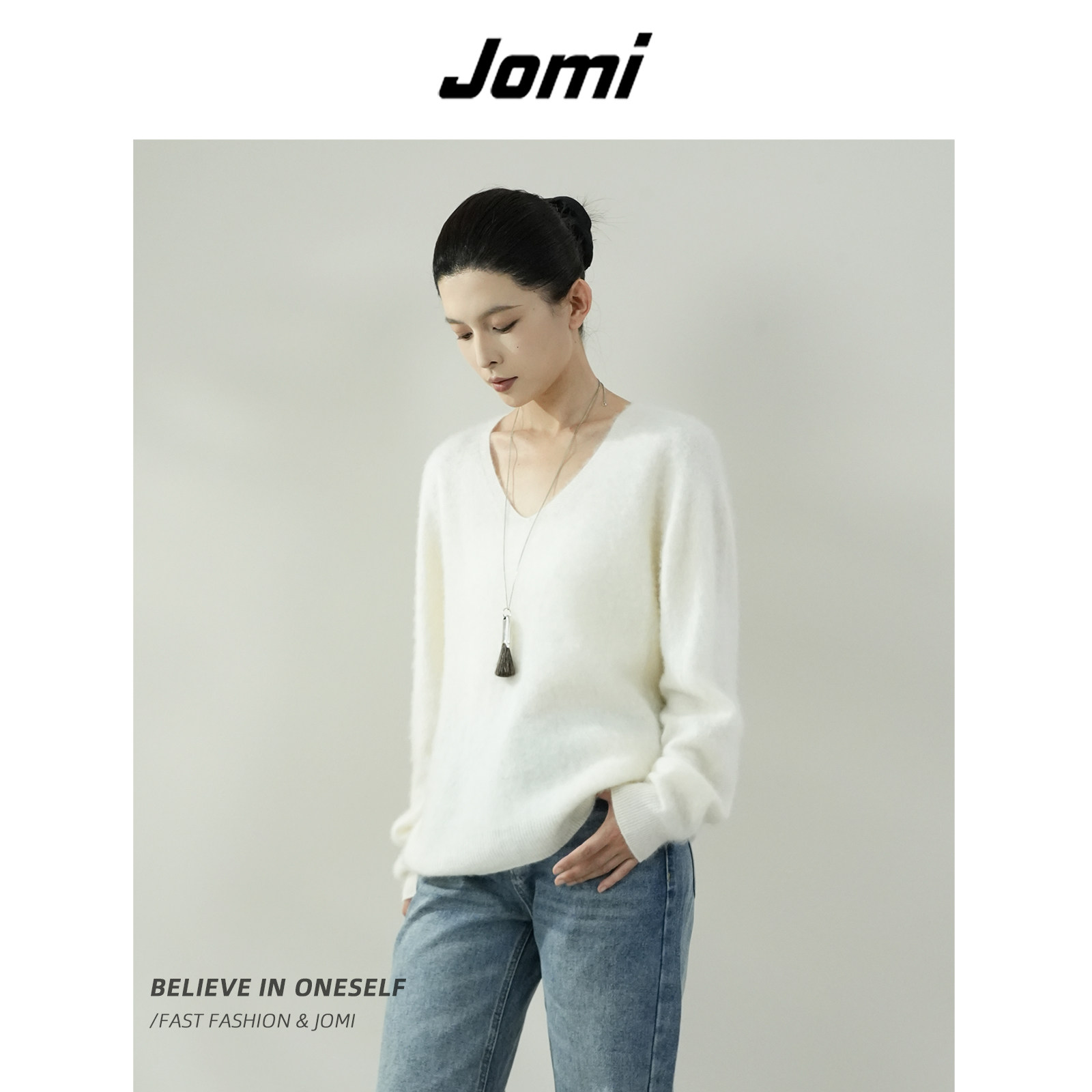 JOMI秋冬V领羊毛拉绒毛衣女毛针织衫