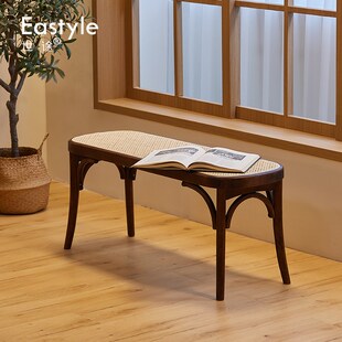 凳 复古实木侘寂风藤编长凳北欧家用餐桌长条凳子中古民宿玄关换鞋