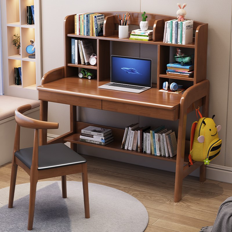 全实木书桌写字桌书架一体儿童学习桌简约现代家用初中小学生卧室