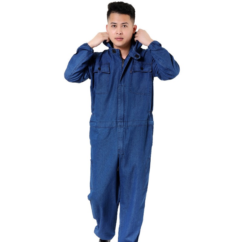 夏季薄款牛仔连体衣工作服套装男耐磨工装汽S修喷漆防尘劳保服