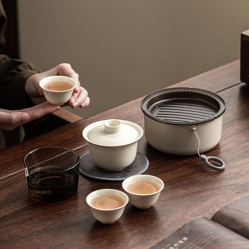 草木灰旅行茶具便携收纳带茶盘功夫套装陶瓷盖碗茶杯X三杯快客套