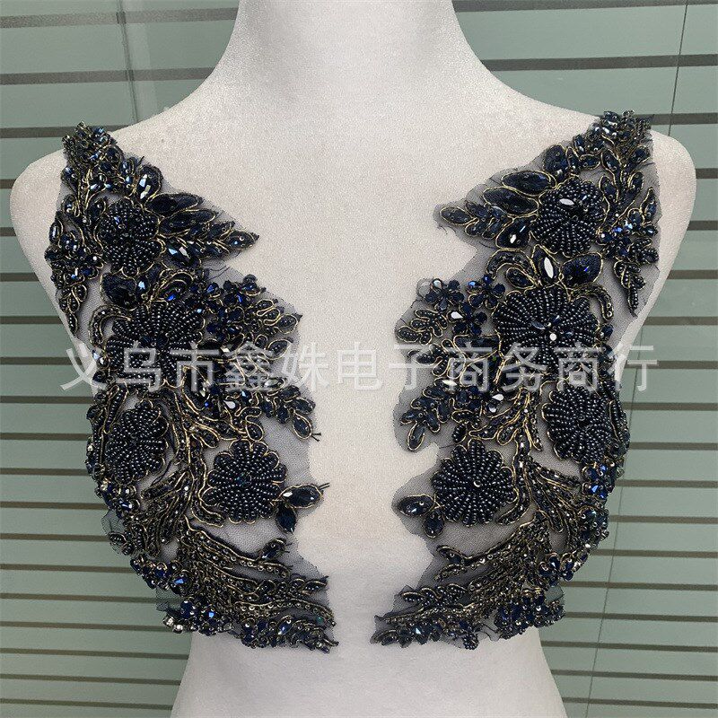 1对重工钉珠订钻花朵 奢s华珠绣对花领口胸花diy配饰贴花服装花边