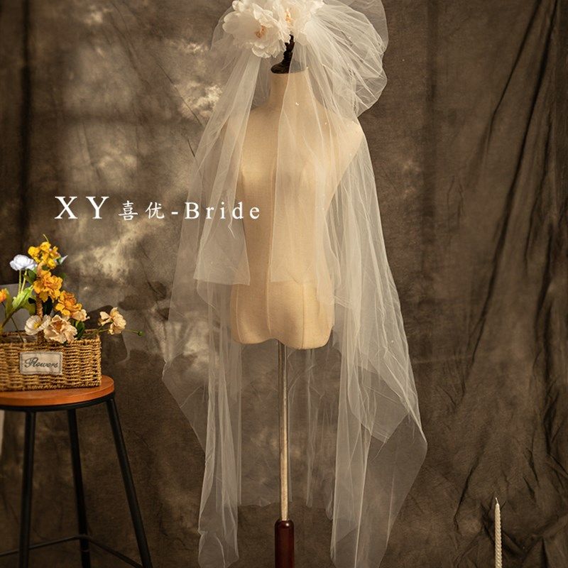 新品仙美大花朵港风复古法式双层遮面头纱新娘婚纱礼服拍照头饰品