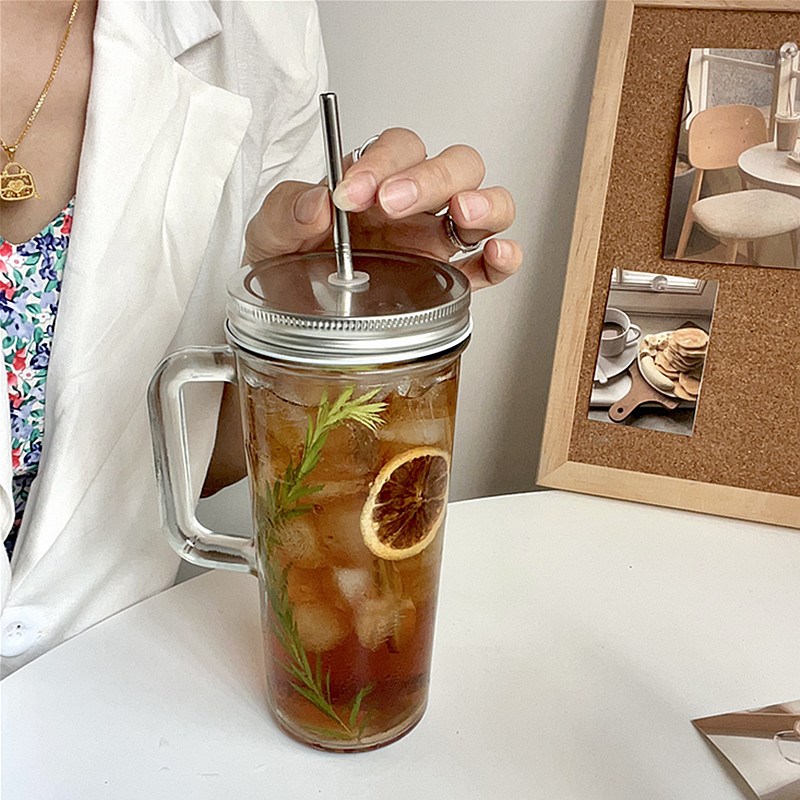 美式ins风带把梅森杯带盖吸管杯大容量玻璃杯果汁杯咖啡杯牛奶杯