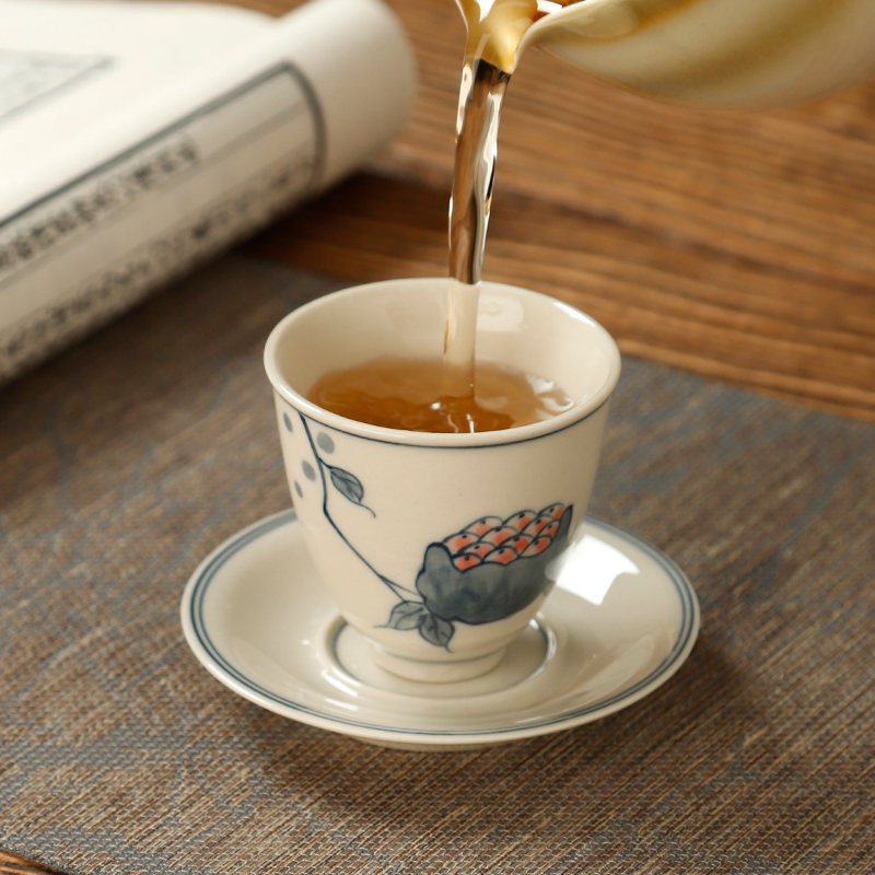 手绘青花草木灰主人杯陶瓷品茗杯套装日式小茶盏复古功夫茶杯茶碗