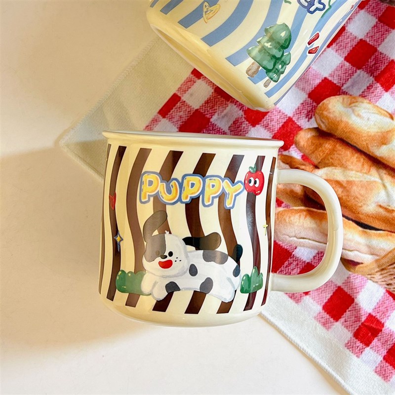 可爱卡通条纹小狗陶瓷马克杯大容量情侣早餐杯斑点狗童趣牛奶杯