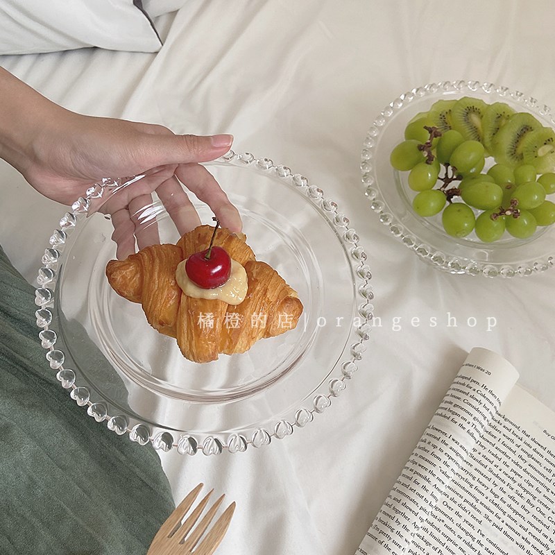 橘橙*ins简约透明玻璃爱心边盘子早餐盘蛋糕盘少女风甜品沙拉餐盘