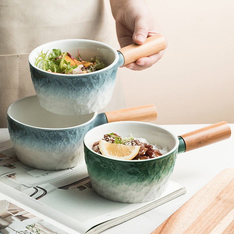 日式家用陶瓷碗带木柄防烫创意个性面碗汤碗早餐碗水果沙拉手柄碗