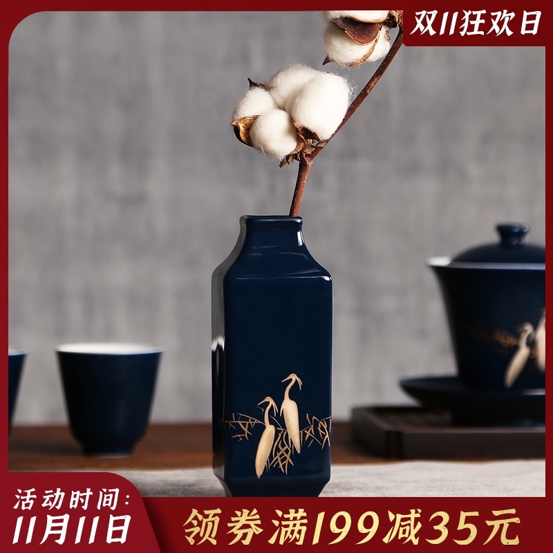 霁蓝釉陶瓷花器 茶道桌面小花瓶摆件 禅意插花干花日式迷你水培罐