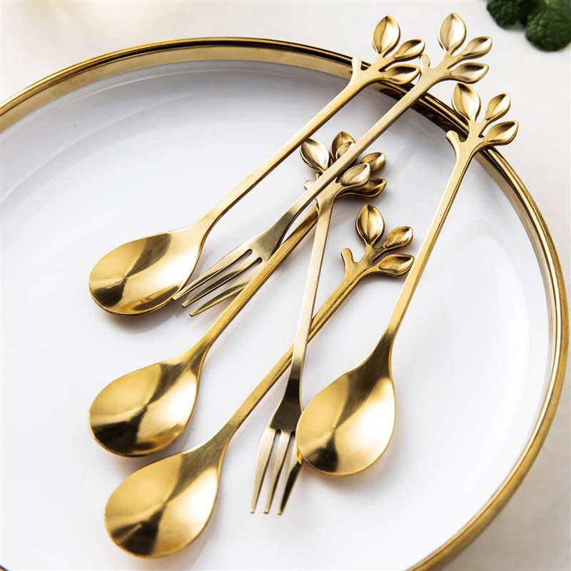 摩登主妇树叶水果叉签插不锈钢创意甜品蛋糕叉勺咖啡勺6只装家用