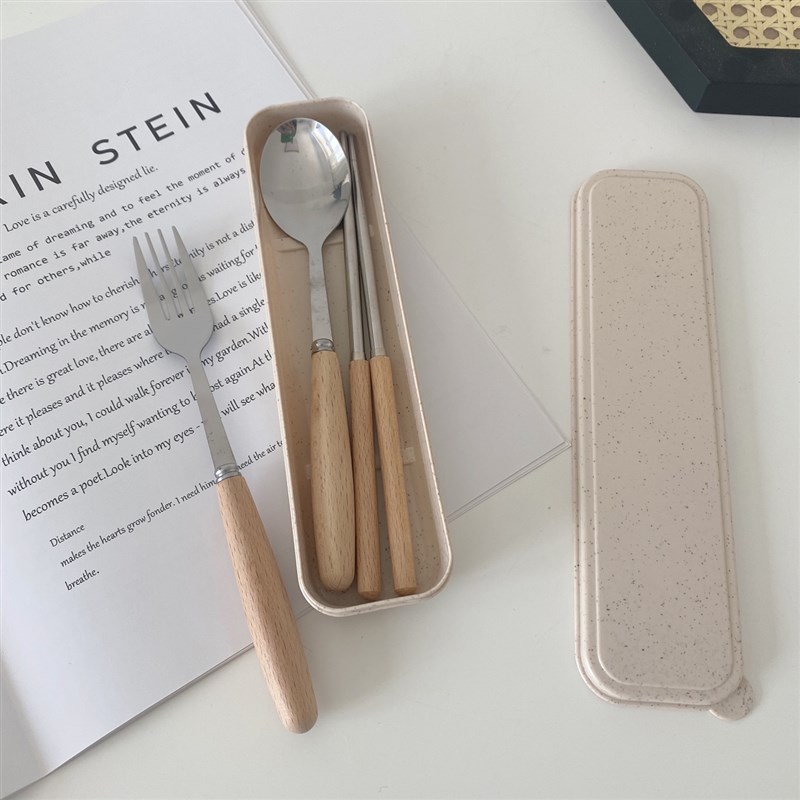 ins简约餐具筷子勺子套装盒学生便携上班族可爱不锈钢叉子三件套