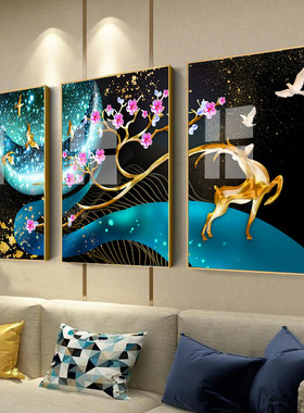 客厅装饰画现代简约挂画沙发背景墙玄关壁画冰晶玻璃有框画三联画