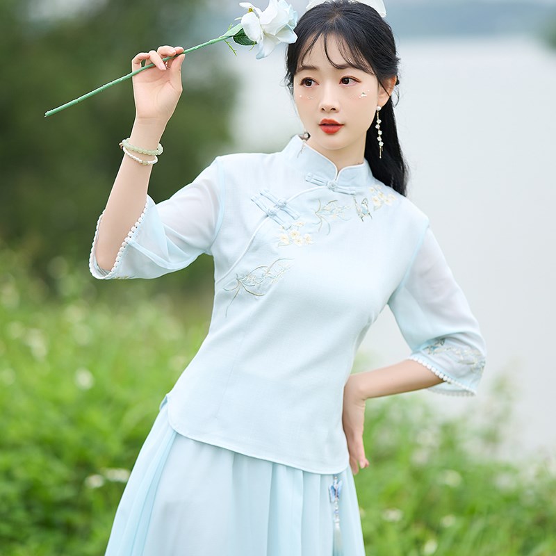 民国风女装仙女旗袍上衣新中式日常汉服套装文艺气质唐装茶艺服装