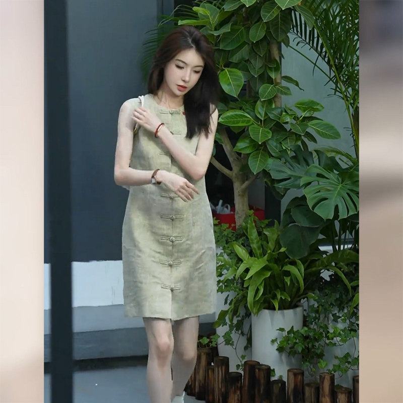 新中式国风无袖棉麻连衣裙2024新款女夏季小个子气质改良唐装裙子