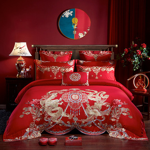 新婚庆大红结婚四件套全棉刺绣龙y凤婚礼囍被床上用品6/8/10多件