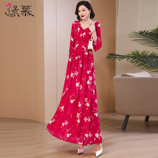 高级感红色印花雪纺连衣裙女气质显瘦2025春夏季新款超长裙到脚踝