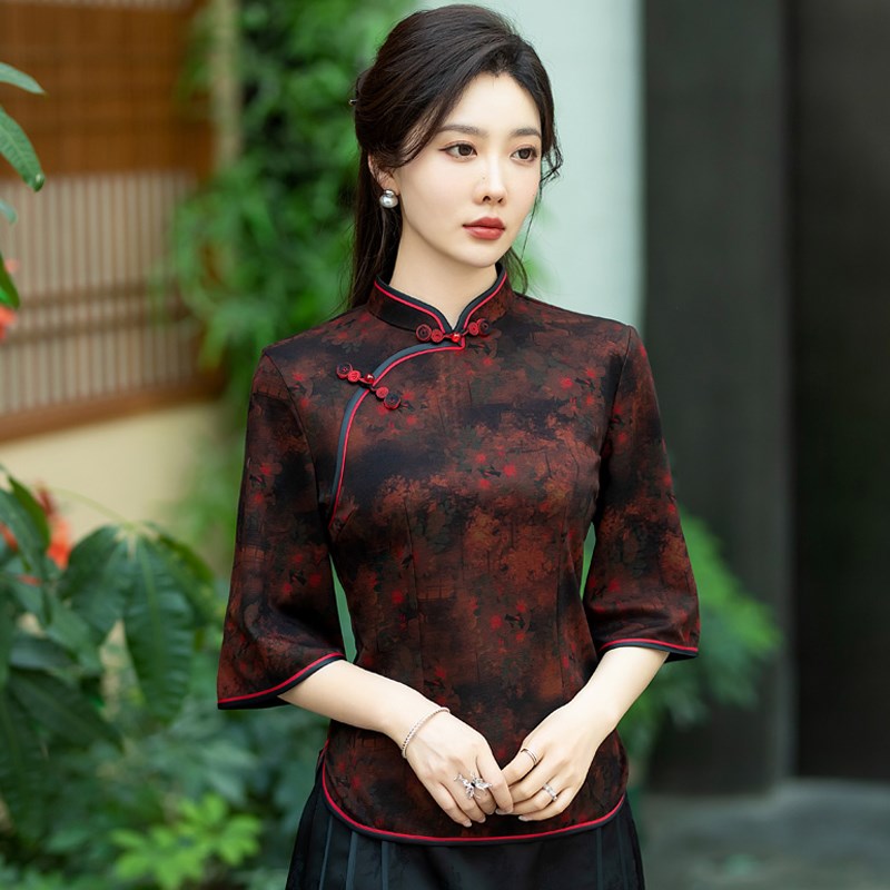 中年妈妈春季七分袖改良旗袍上衣汉服中老年女夏装新中式国风唐装