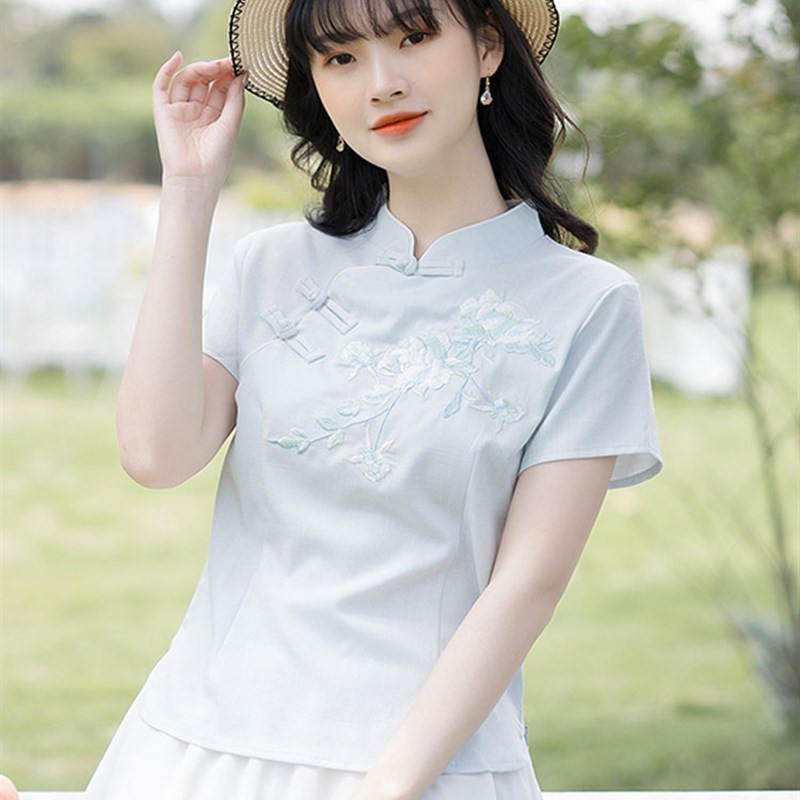 汉服女中国风大尺码仙气茶艺服覆古唐装上衣民国改良短袖旗袍两件