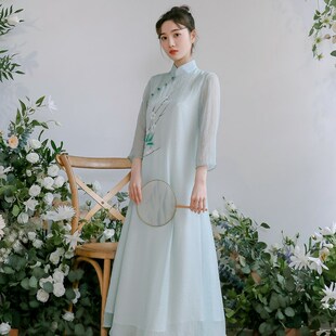 茶服女改良汉服唐装茶艺新中式女装中国风古风禅服旗袍禅意连衣裙
