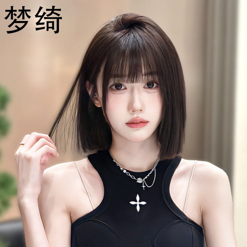 一刀切假发女真发全真人发空气刘海减龄短发蕾丝假发套自然全头套图片