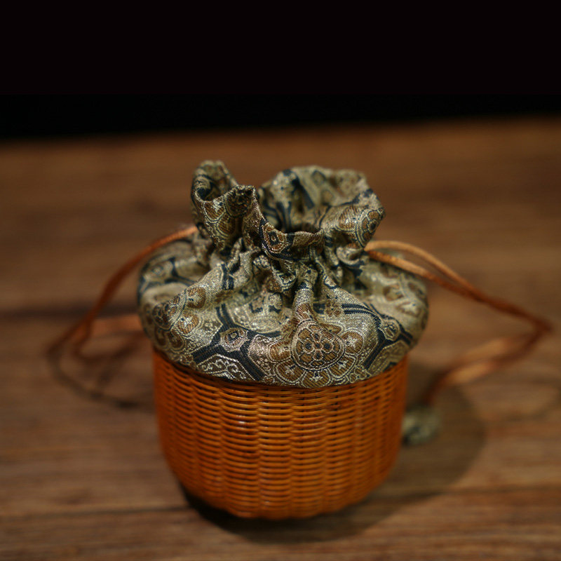 中式手工宋锦竹编杯篓主人茶具收纳F茶壶笼旅行便携锦布袋子精致