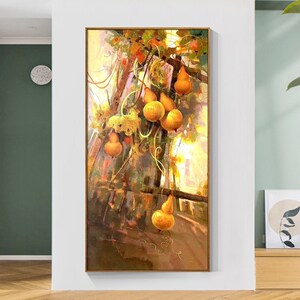 五福临门金色葫芦手绘油画玄关福禄双全装饰挂画客厅写实静物壁画