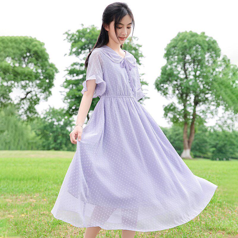 5091少女连衣裙雪纺长款过膝初中学生夏装大童高中女生仙女裙圆领