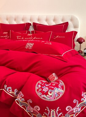 中式100支结j婚四件套红色喜被婚庆床单新婚床上用品婚嫁