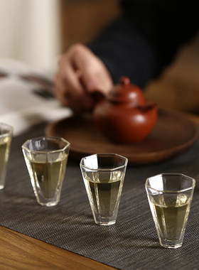 手工六角品茗杯加厚耐高温功夫茶杯斗笠杯K透明主人杯功夫单杯杯