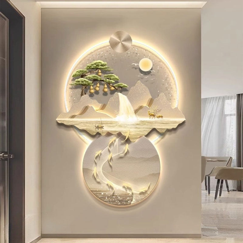 灯光画入户玄关装饰画有s靠山流水生财九鱼图客厅挂画走廊过道壁