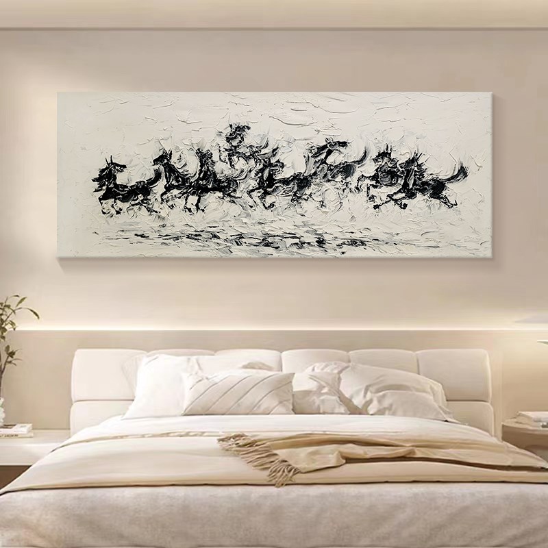 抽象黑白色八骏图肌理手绘油画客厅装饰画马到成功办公室挂画横版