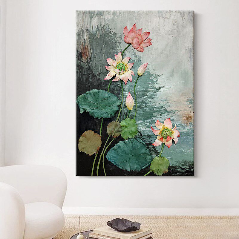 新中式禅意莲花手绘油画荷塘月色立体肌理客厅装饰画花卉玄关挂画