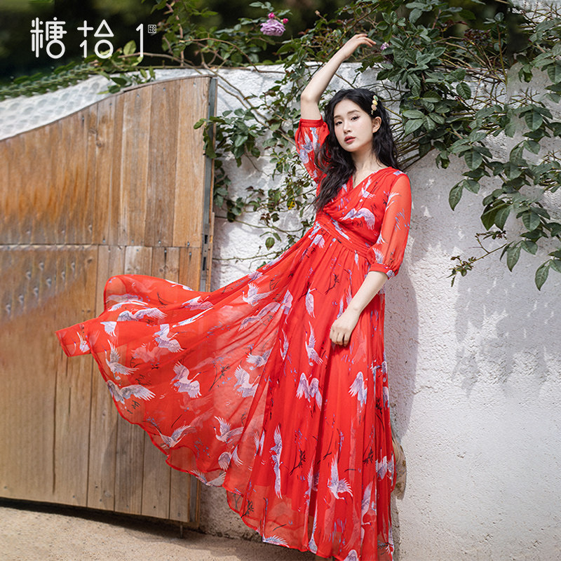 【仙鹤春华】雪纺印花大摆型连衣裙女夏季五分袖V领收腰红色长裙