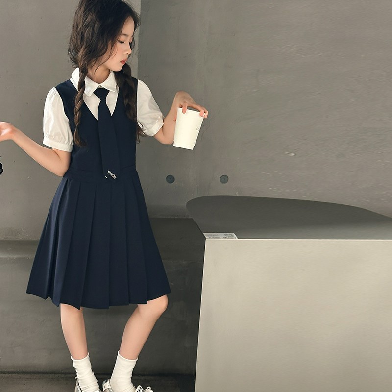 女大童夏装连衣裙2025新款初中生假两件学院风公主裙女孩韩版裙子