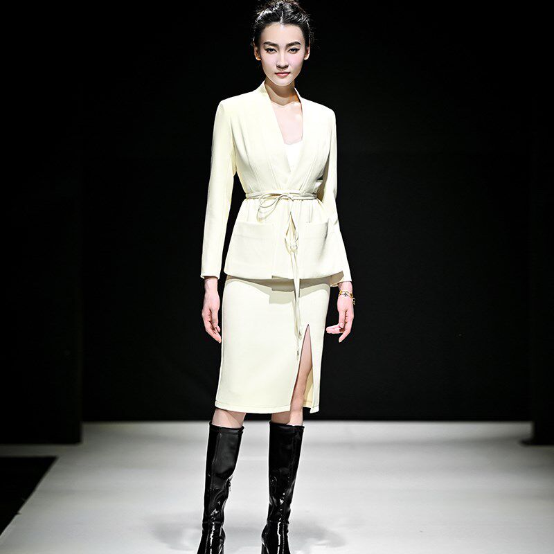 绝色2025年春季优雅通勤绑带西装时尚套装前开叉半身裙女两件套