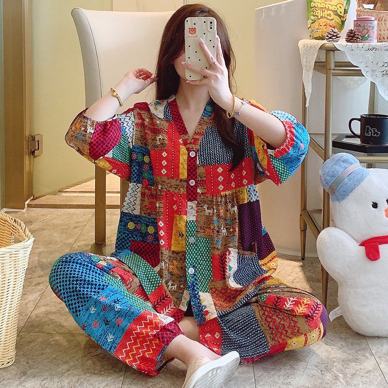 女士睡衣春夏季七分袖人棉女款大码宽松休闲甜美棉绸家居服两件套