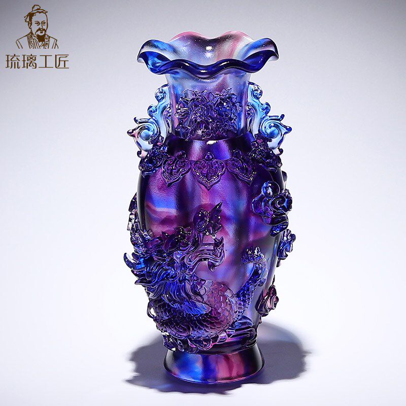 琉璃工艺品创意水晶龙凤呈祥花瓶摆件客厅插花搬新家乔迁礼物高档