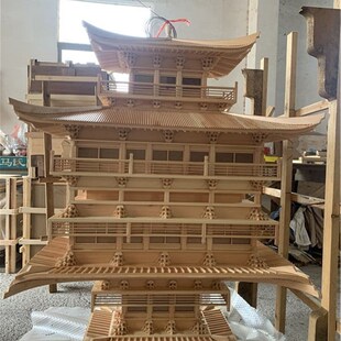 中式木雕b仿古建筑模型金阁寺全实木榫卯结构悬挂饰品灯镜像倒影