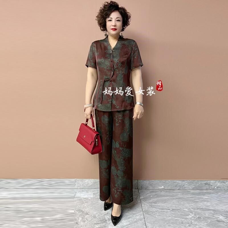 中老年女新款短袖套装洋气妈妈装V领中国风阔腿裤大码真丝两件套