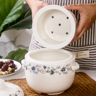 闽南溢汤隔水炖炖盅煲汤内胆带孔炖锅陶J瓷大号小兰花汤盅炖罐滴