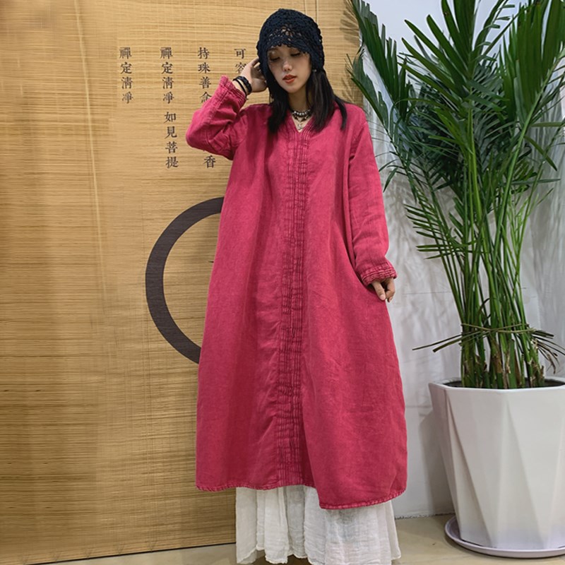 高端亚麻加厚连衣裙女2024秋冬新款宽松休闲个性显瘦复古文艺长袍