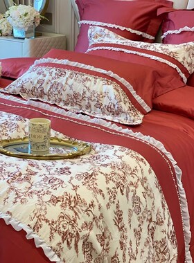 100支婚嫁长绒棉四件r套红色新婚庆刺绣花床品喜被结婚床单1.8