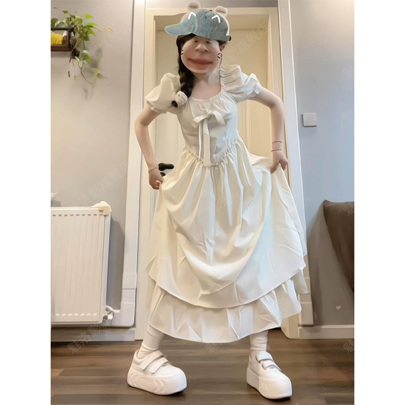 法式甜美方领泡泡袖温柔风系带木耳边连衣裙女学生收腰显瘦长裙子