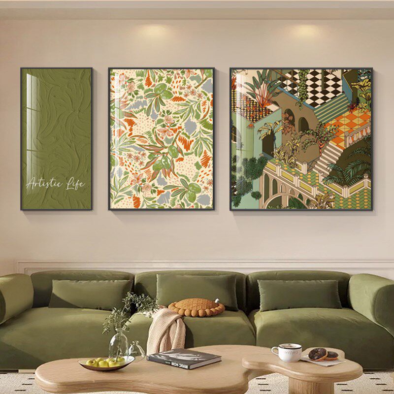 客厅装饰画美式复古中古风沙发背景墙三联壁画绿色系小众艺术挂画