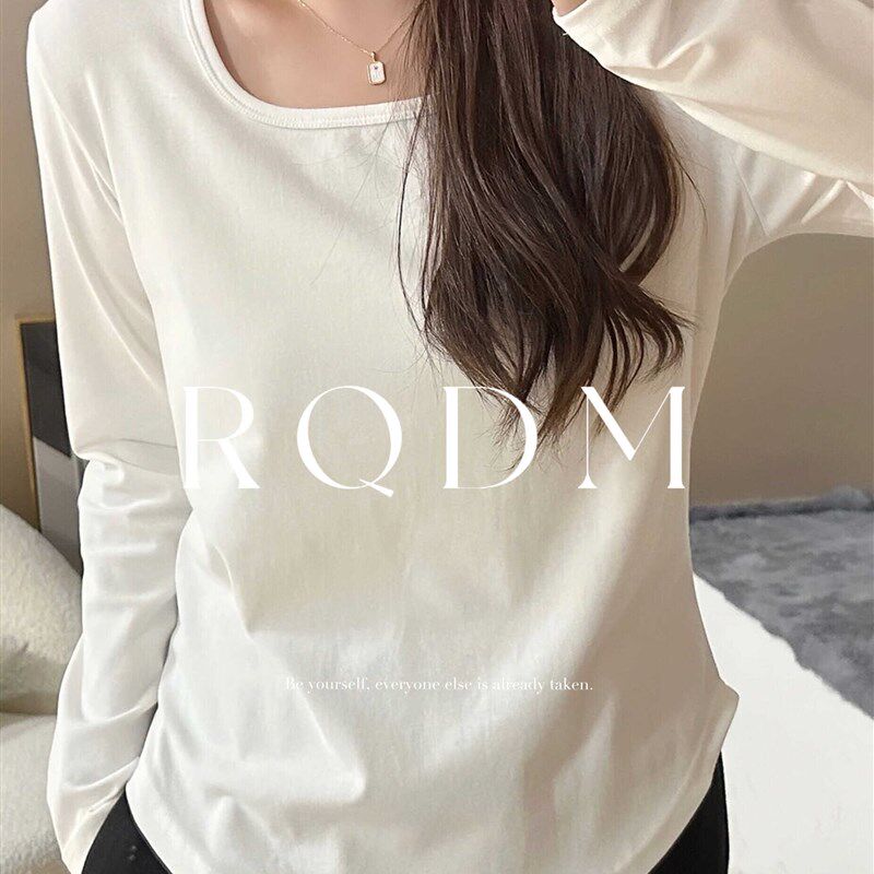 大码女装2024新款秋季胖mm简约下摆显瘦百搭方领正肩长袖T恤上衣