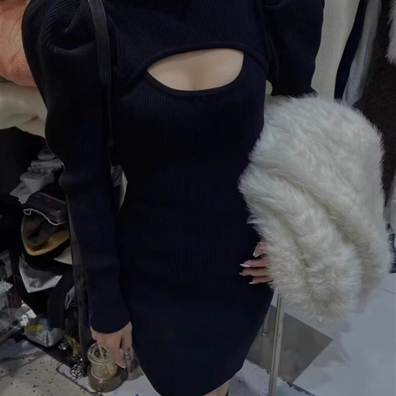 假两件套针织连衣裙女2025春秋纯色内搭打底气质收腰修身显瘦裙子