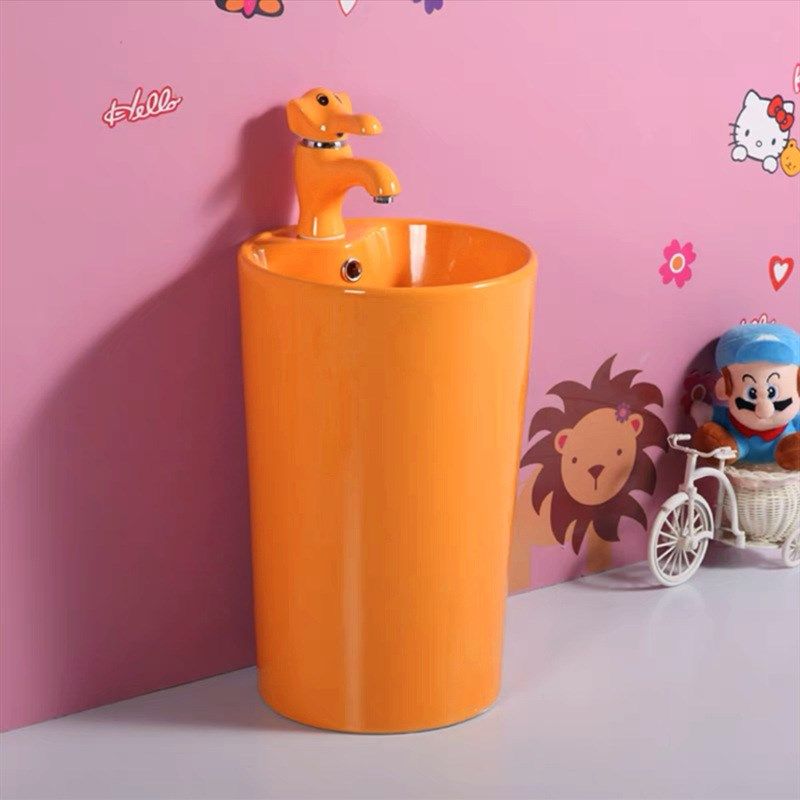 幼儿园儿童彩色陶瓷立柱洗手盆小B户型落地洗脸台阳台圆柱一体单