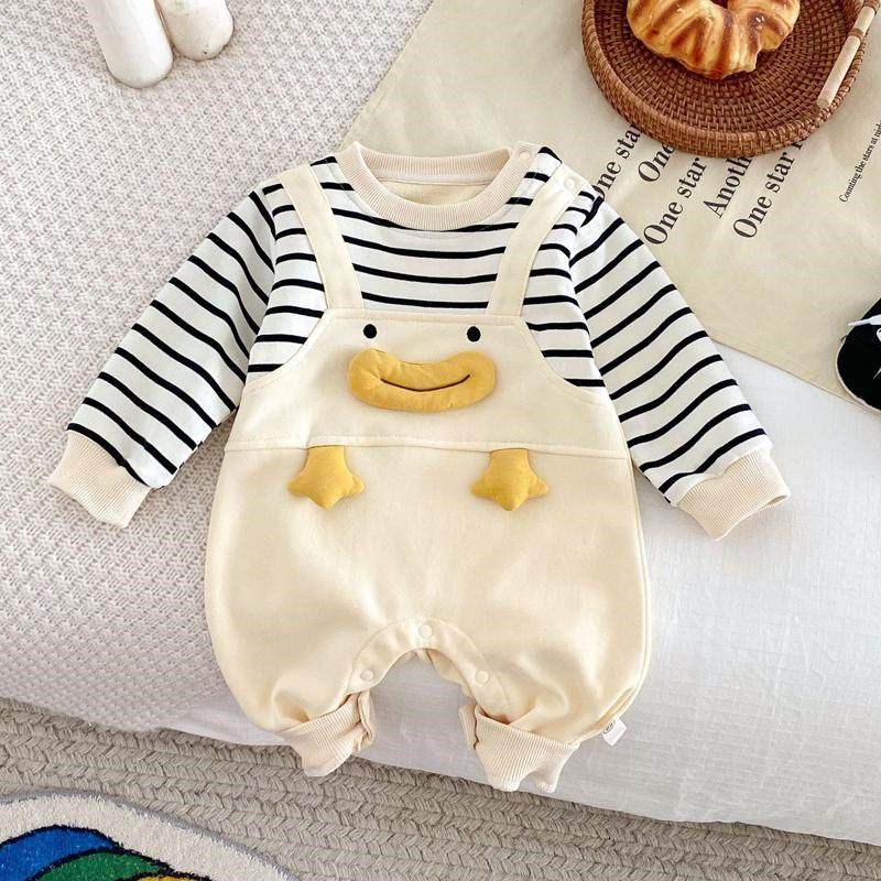 婴儿连体衣春秋爬服可爱超萌外出春装0-2岁宝宝早春衣服条纹哈衣