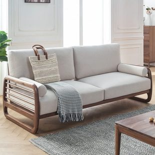 实木布艺三人位 北美黑胡桃木沙发客厅简约现代北欧原木家具新中式