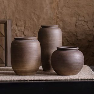 复古粗陶罐子日式 插花花盆 禅意花瓶手工土陶花器家居客厅装 饰中式